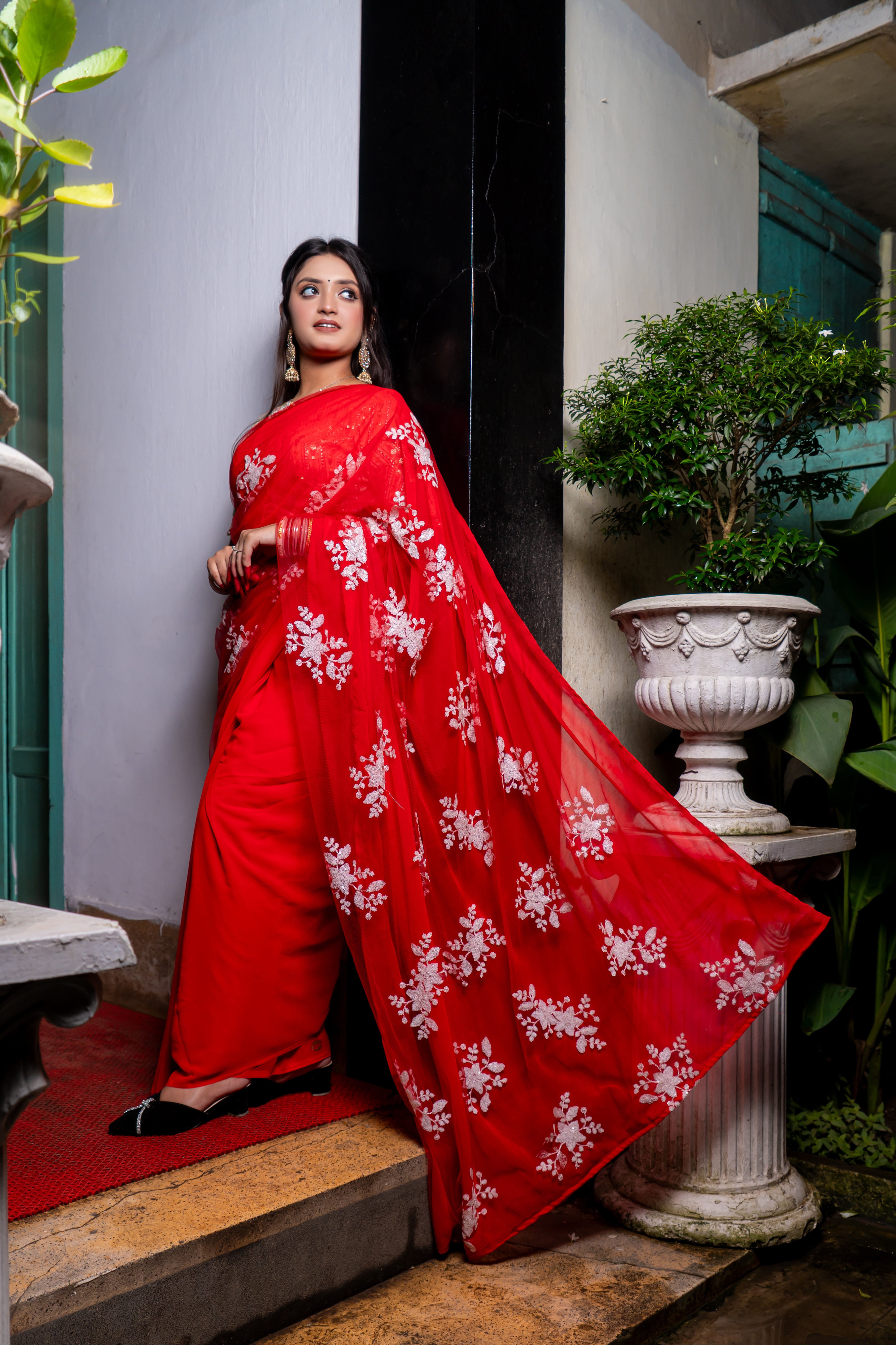 Lal Paar – Dashami Red Saree with White Floral Sequence| Iffati Puja Collection 2025