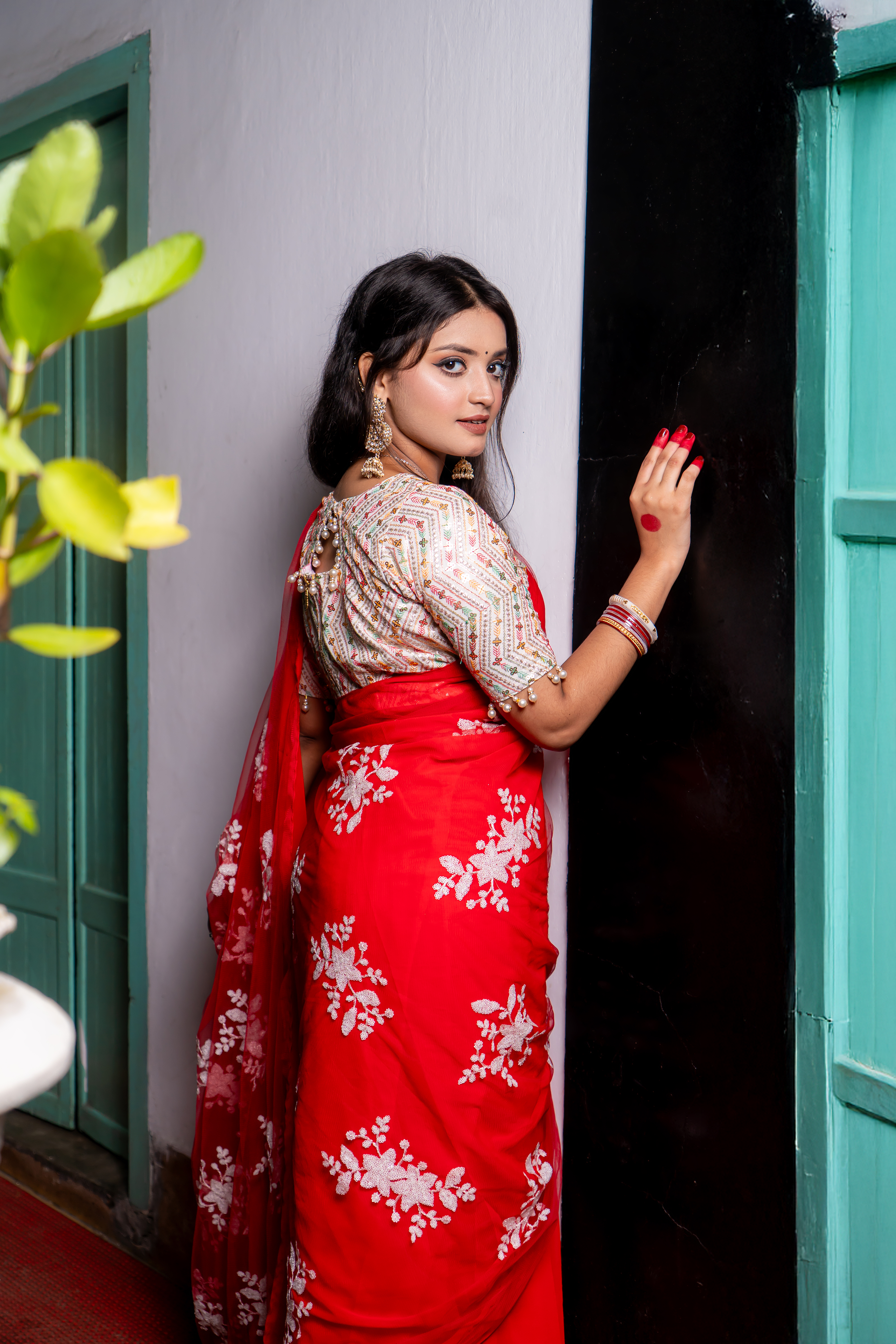Lal Paar – Dashami Red Saree with White Floral Sequence| Iffati Puja Collection 2025