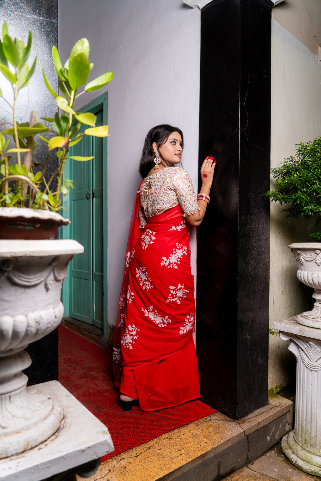 Lal Paar – Dashami Red Saree with White Floral Sequence| Iffati Puja Collection 2025