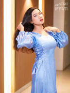 Sky Mist – Light Blue Satin Midi Dress with Side Tie & Long Sleeves for Elegant Day to Night Looks