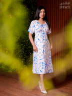 Blue Blossom Breeze – Lightweight White Floral Midi Dress with Blue Botanical Print for Summer & Daywear