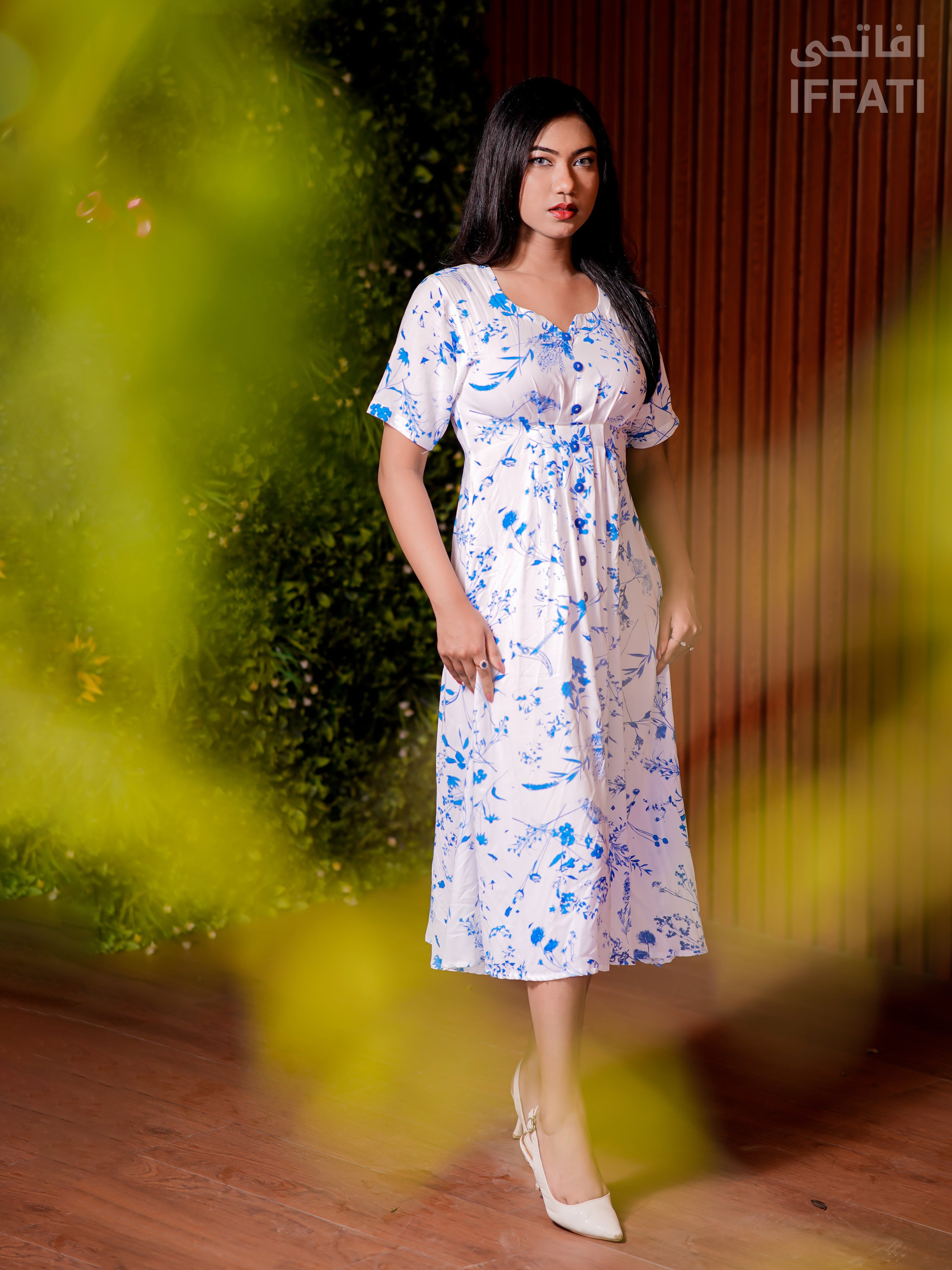 Blue Blossom Breeze – Lightweight White Floral Midi Dress with Blue Botanical Print for Summer & Daywear