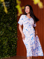 Blue Blossom Breeze – Lightweight White Floral Midi Dress with Blue Botanical Print for Summer & Daywear