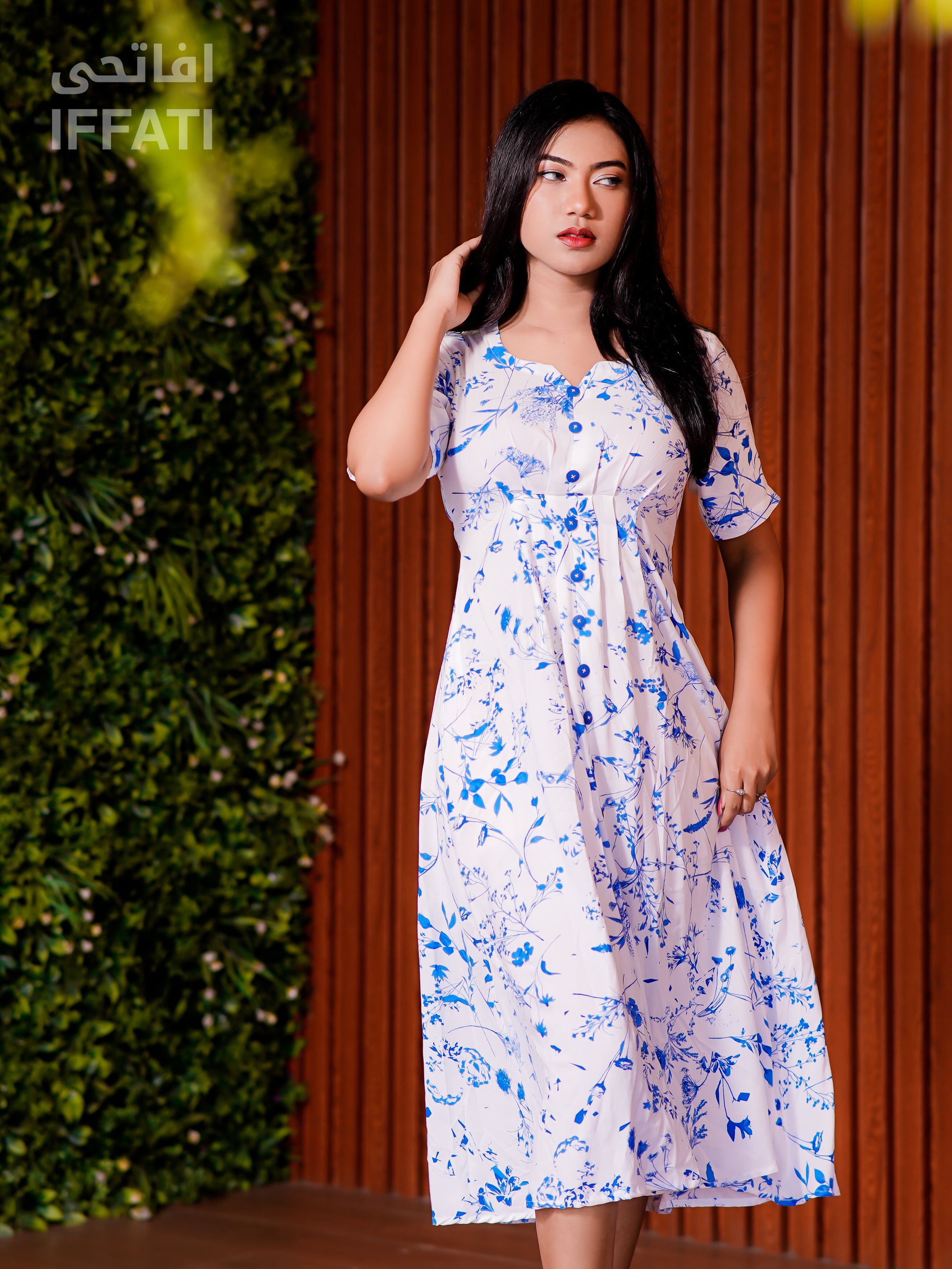 Blue Blossom Breeze – Lightweight White Floral Midi Dress with Blue Botanical Print for Summer & Daywear