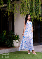Blue Blossom Grace – White & Blue Floral Linen Maxi Dress for Women