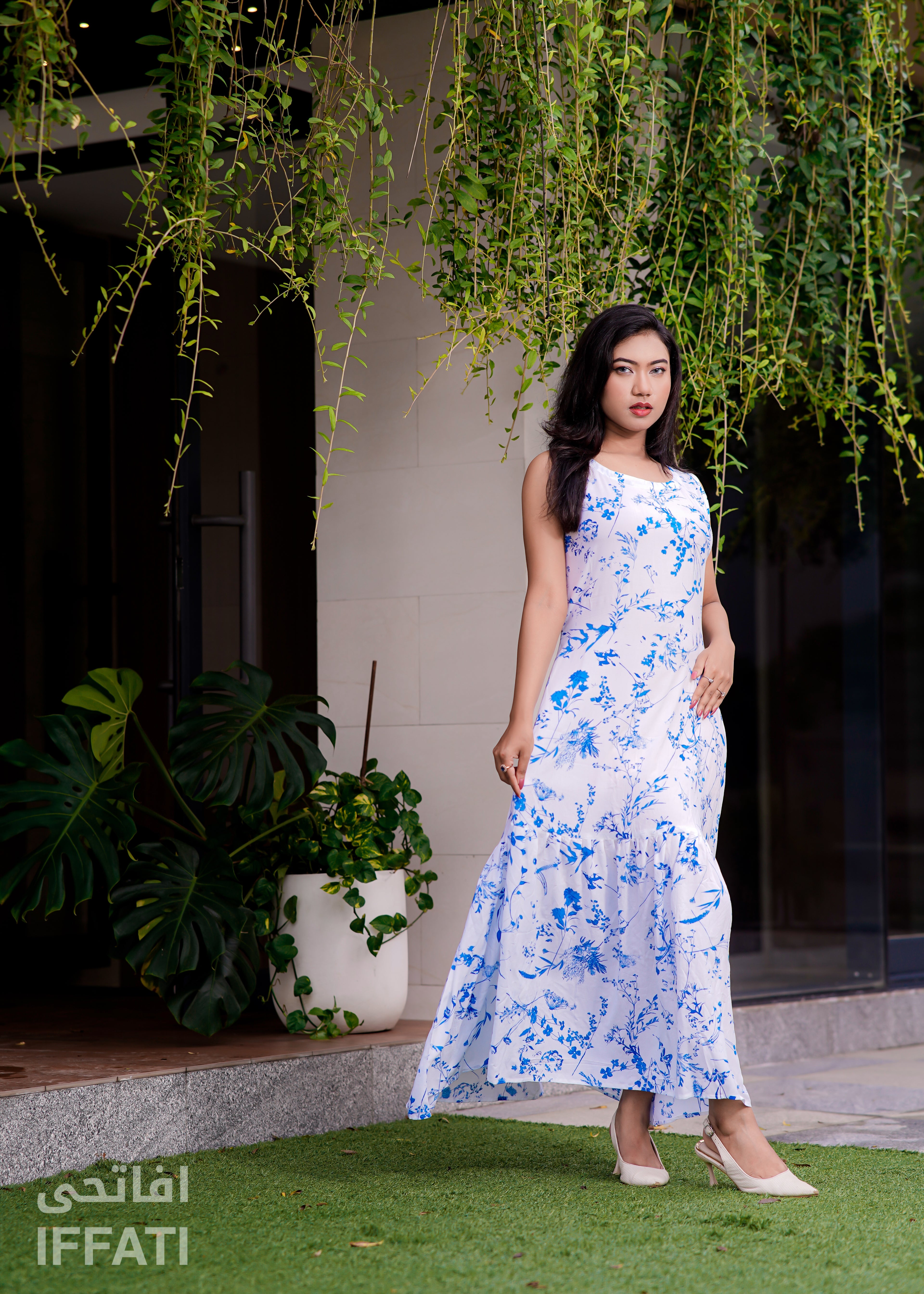 Blue Blossom Grace – White & Blue Floral Linen Maxi Dress for Women