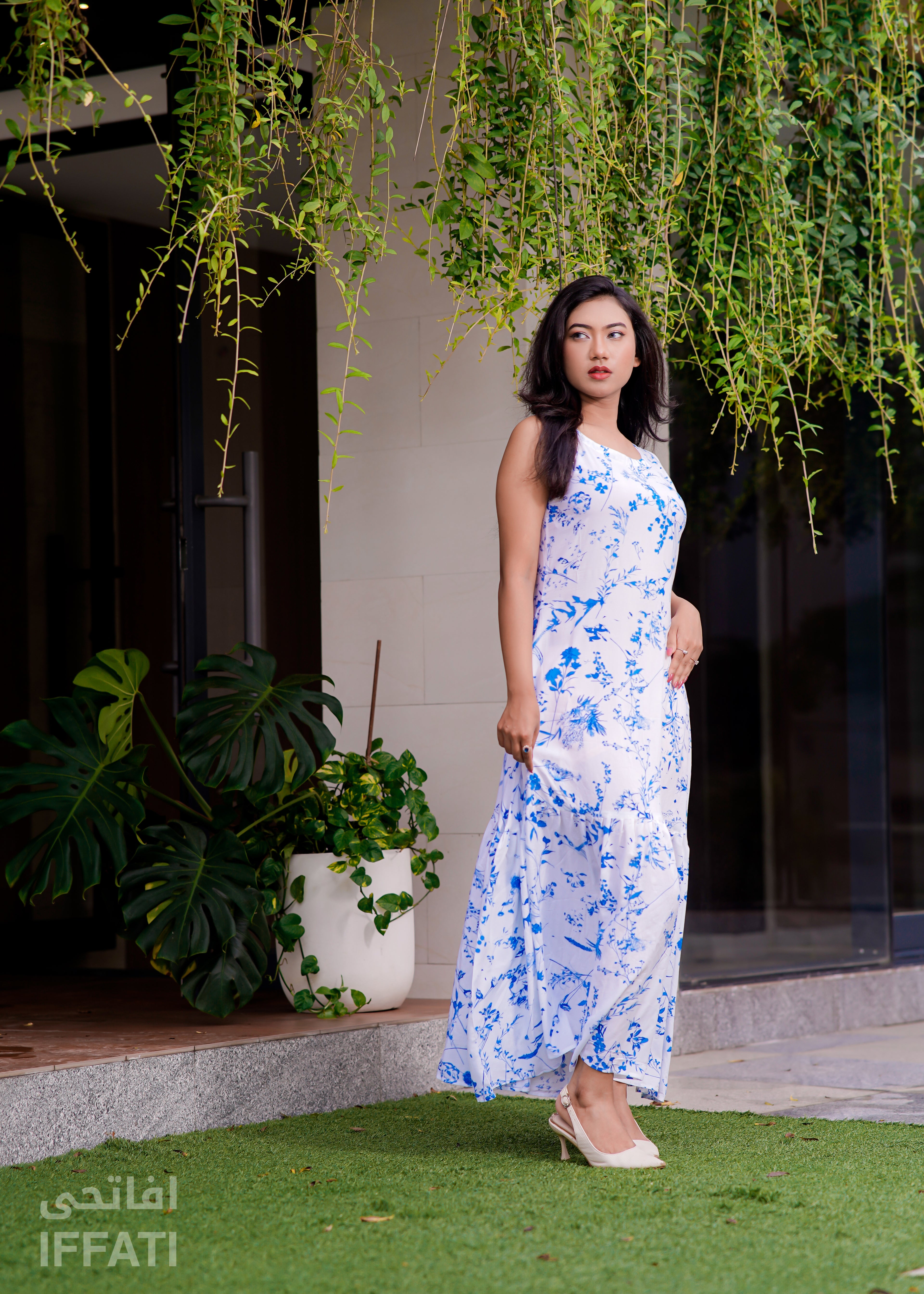 Blue Blossom Grace – White & Blue Floral Linen Maxi Dress for Women