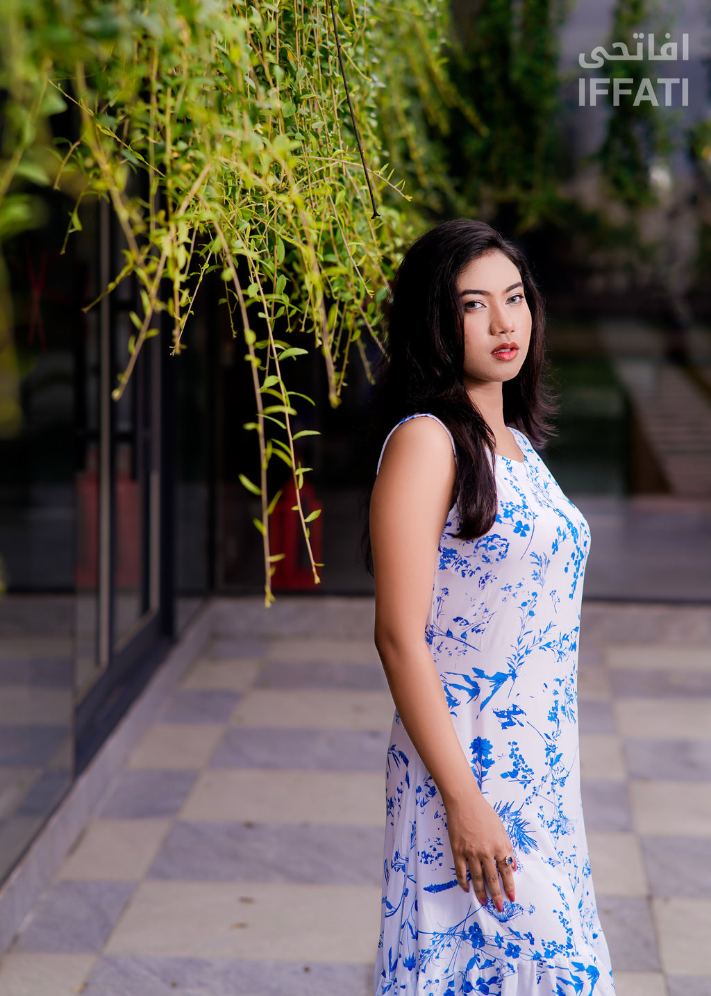 Blue Blossom Grace – White & Blue Floral Linen Maxi Dress for Women