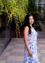 Blue Blossom Grace – White & Blue Floral Linen Maxi Dress for Women