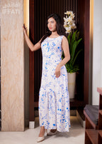 Blue Blossom Grace – White & Blue Floral Linen Maxi Dress for Women