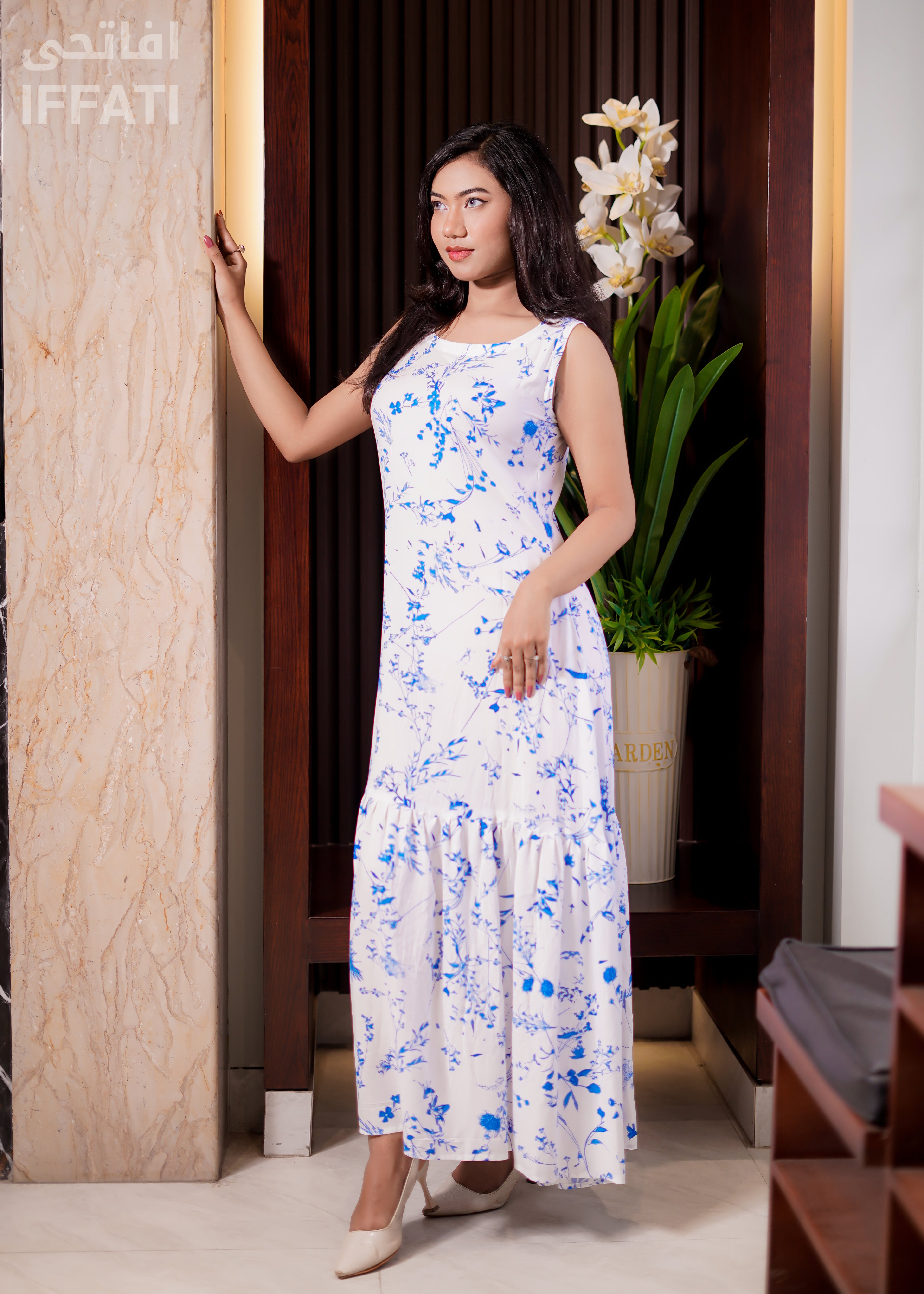 Blue Blossom Grace – White & Blue Floral Linen Maxi Dress for Women
