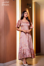 Blush Blossom – Light Pink Floral Satin Midi Dress with Ruffle Hem & Flared Sleeves