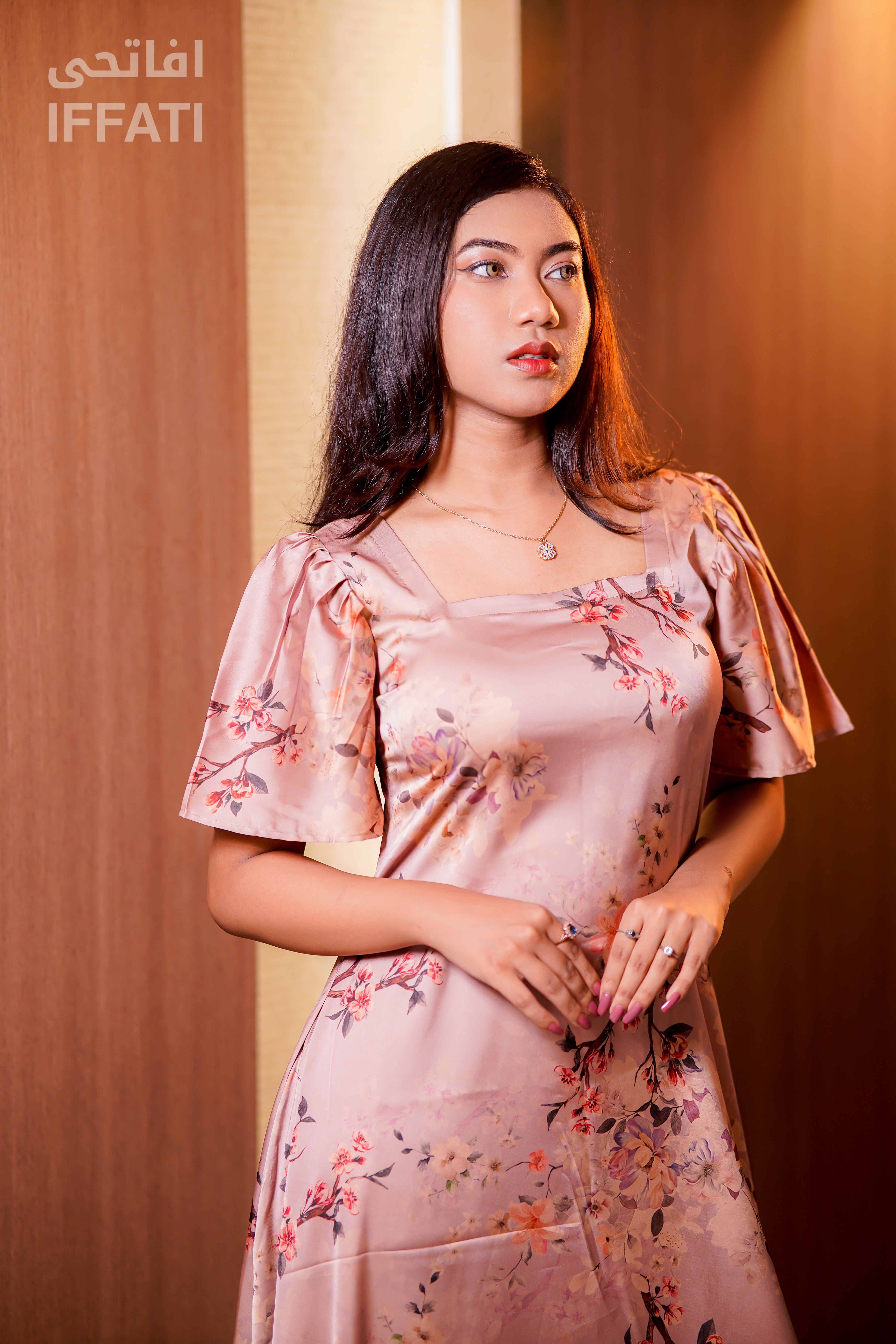 Blush Blossom – Light Pink Floral Satin Midi Dress with Ruffle Hem & Flared Sleeves