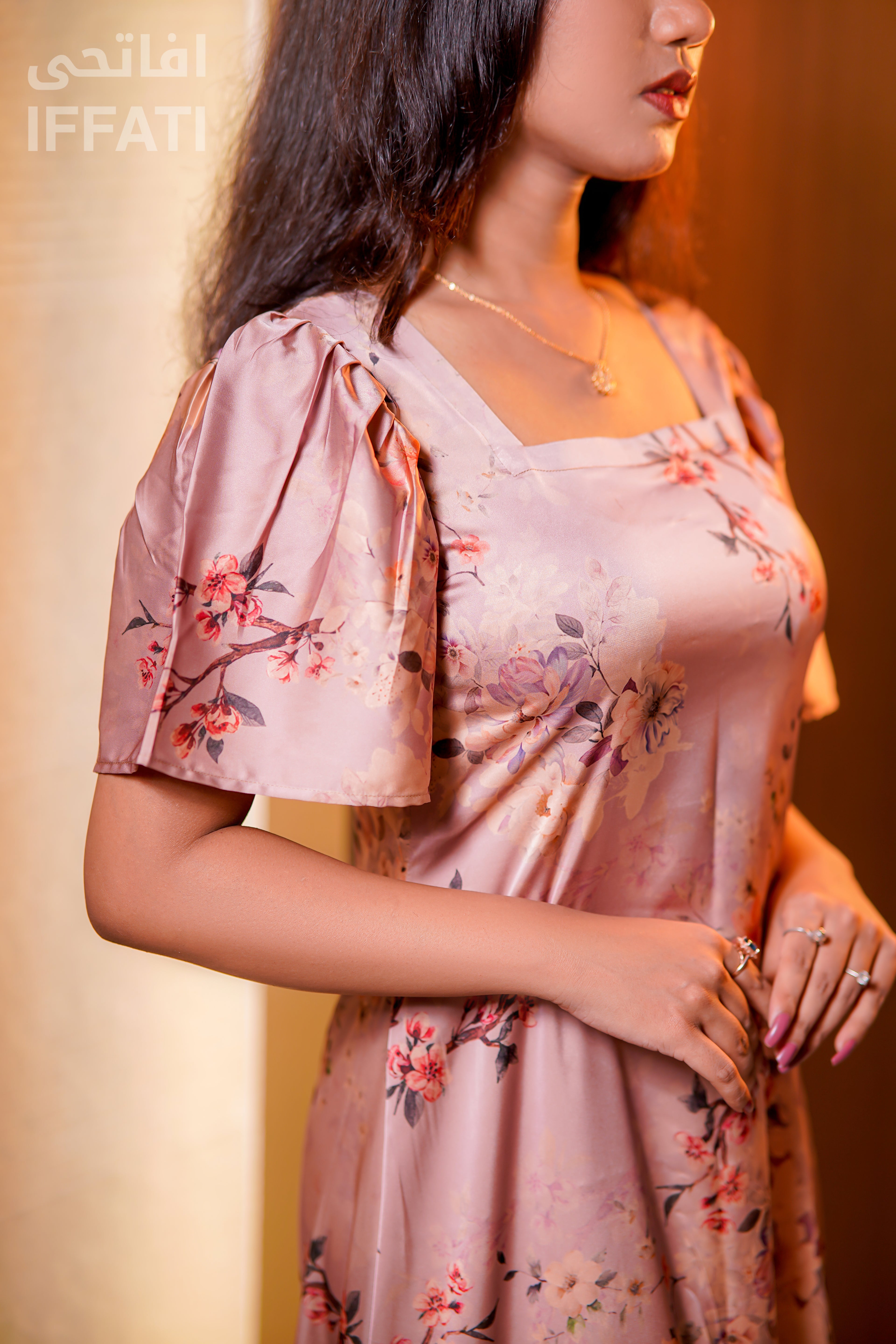 Blush Blossom – Light Pink Floral Satin Midi Dress with Ruffle Hem & Flared Sleeves