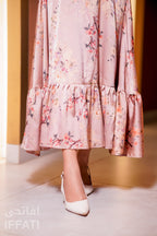 Blush Blossom – Light Pink Floral Satin Midi Dress with Ruffle Hem & Flared Sleeves
