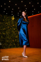 Midnight Cascade – Premium Navy Blue Satin Midi Dress for Evening & Party Wear