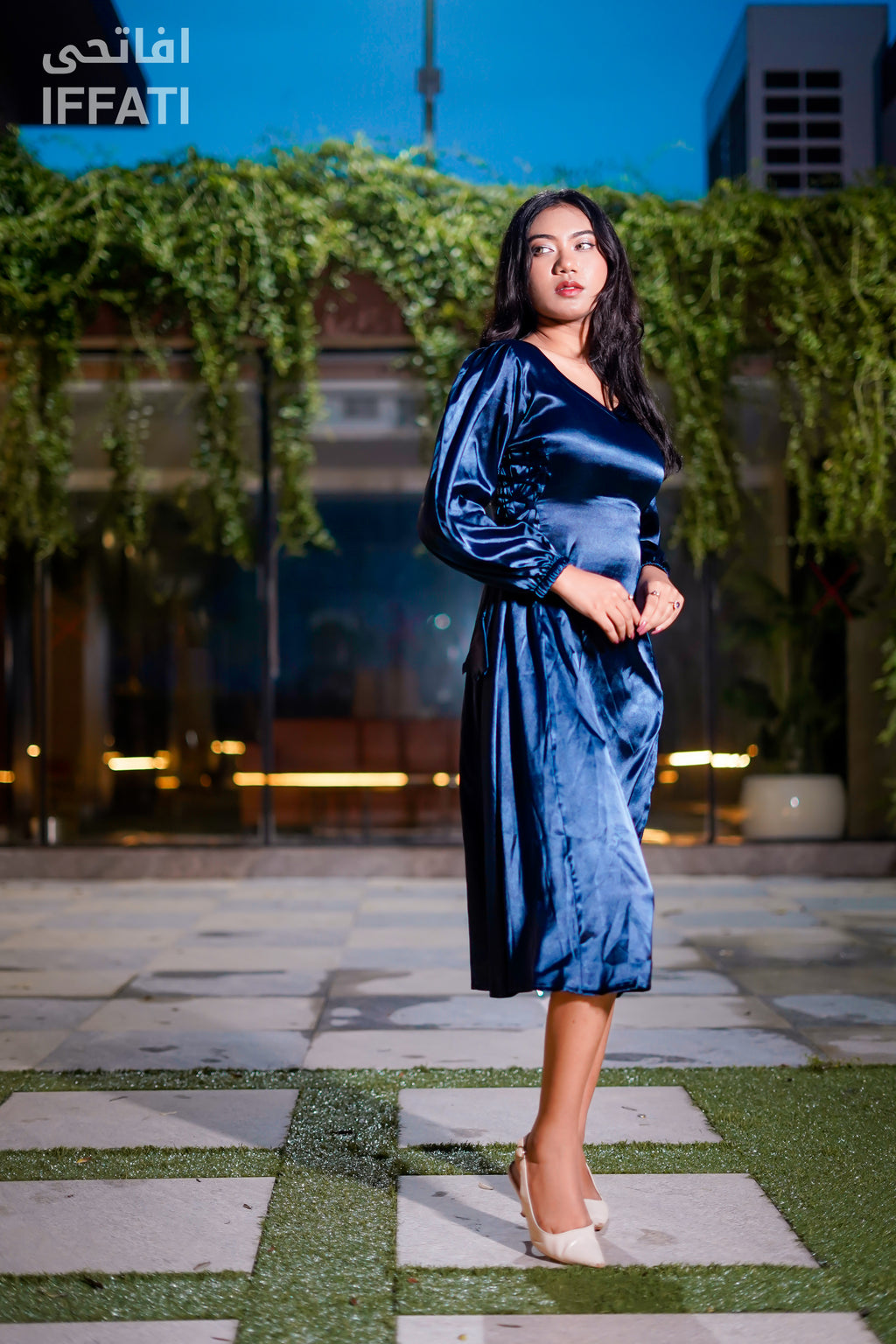 Midnight Cascade – Premium Navy Blue Satin Midi Dress for Evening & Party Wear