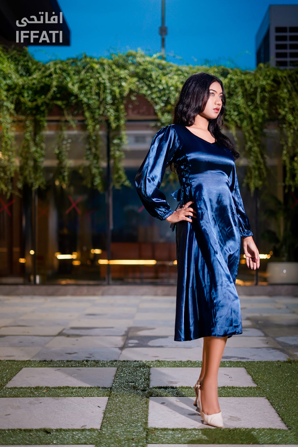 Midnight Cascade – Premium Navy Blue Satin Midi Dress for Evening & Party Wear