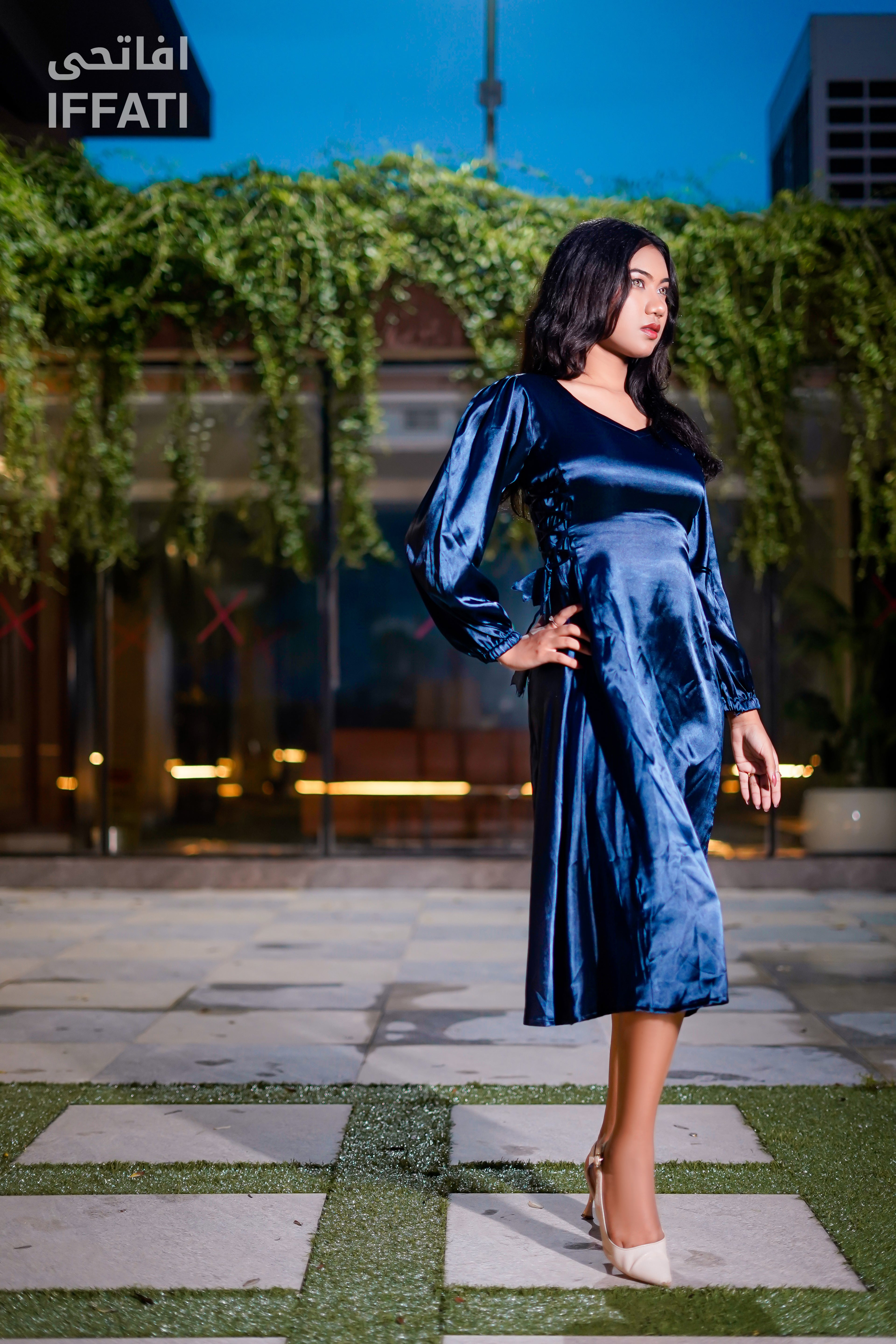 Midnight Cascade – Premium Navy Blue Satin Midi Dress for Evening & Party Wear