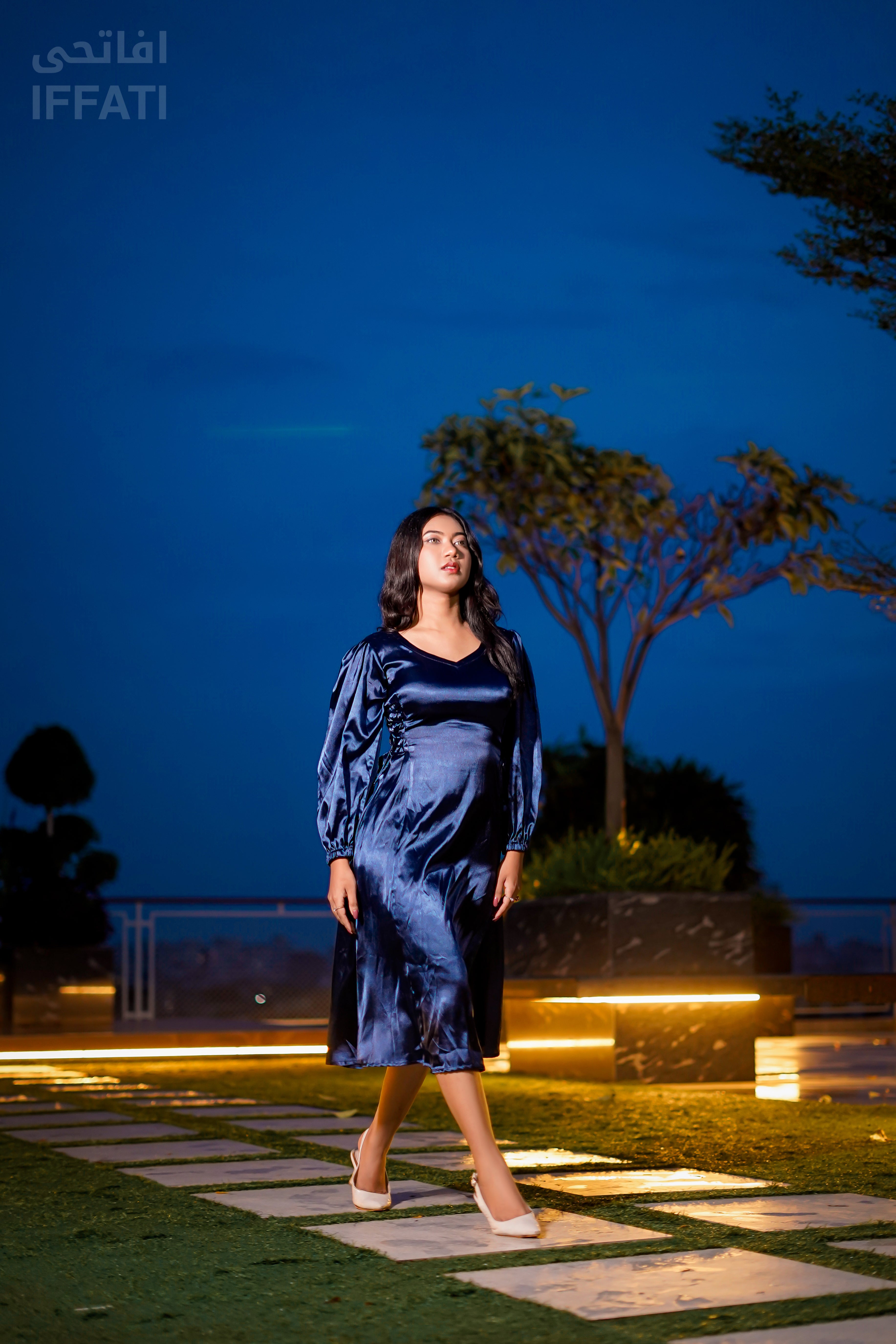 Midnight Cascade – Premium Navy Blue Satin Midi Dress for Evening & Party Wear