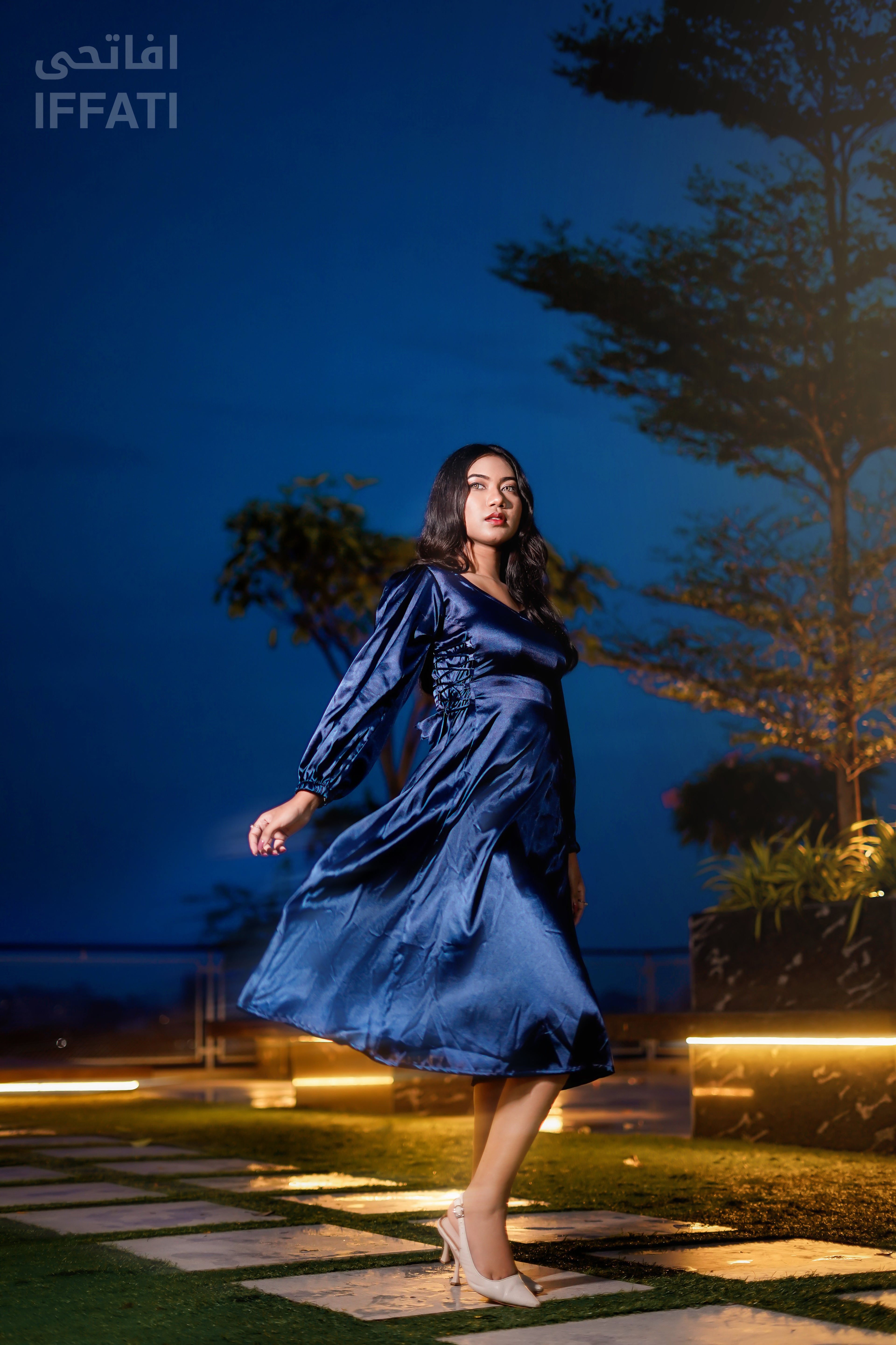 Midnight Cascade – Premium Navy Blue Satin Midi Dress for Evening & Party Wear