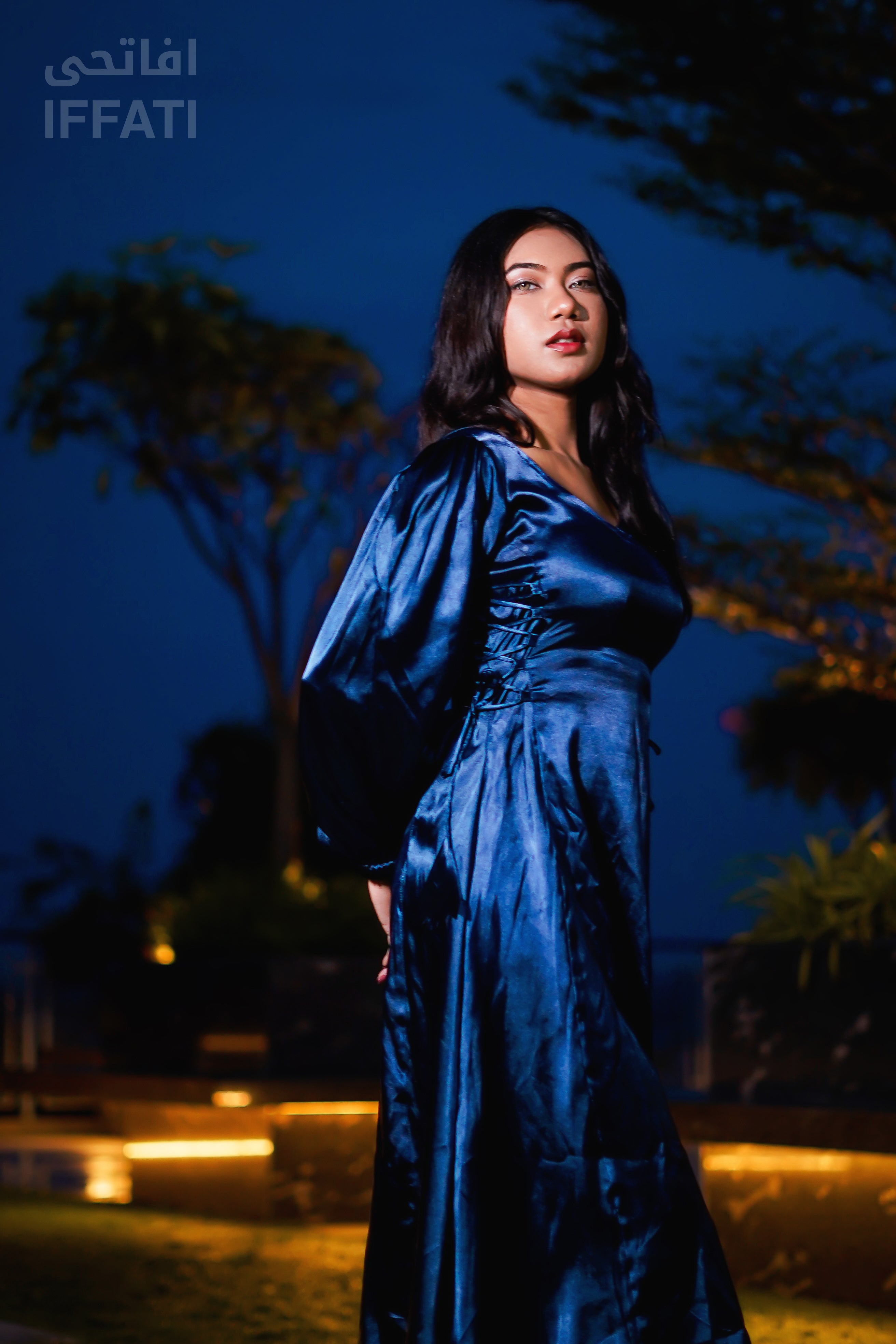 Midnight Cascade – Premium Navy Blue Satin Midi Dress for Evening & Party Wear