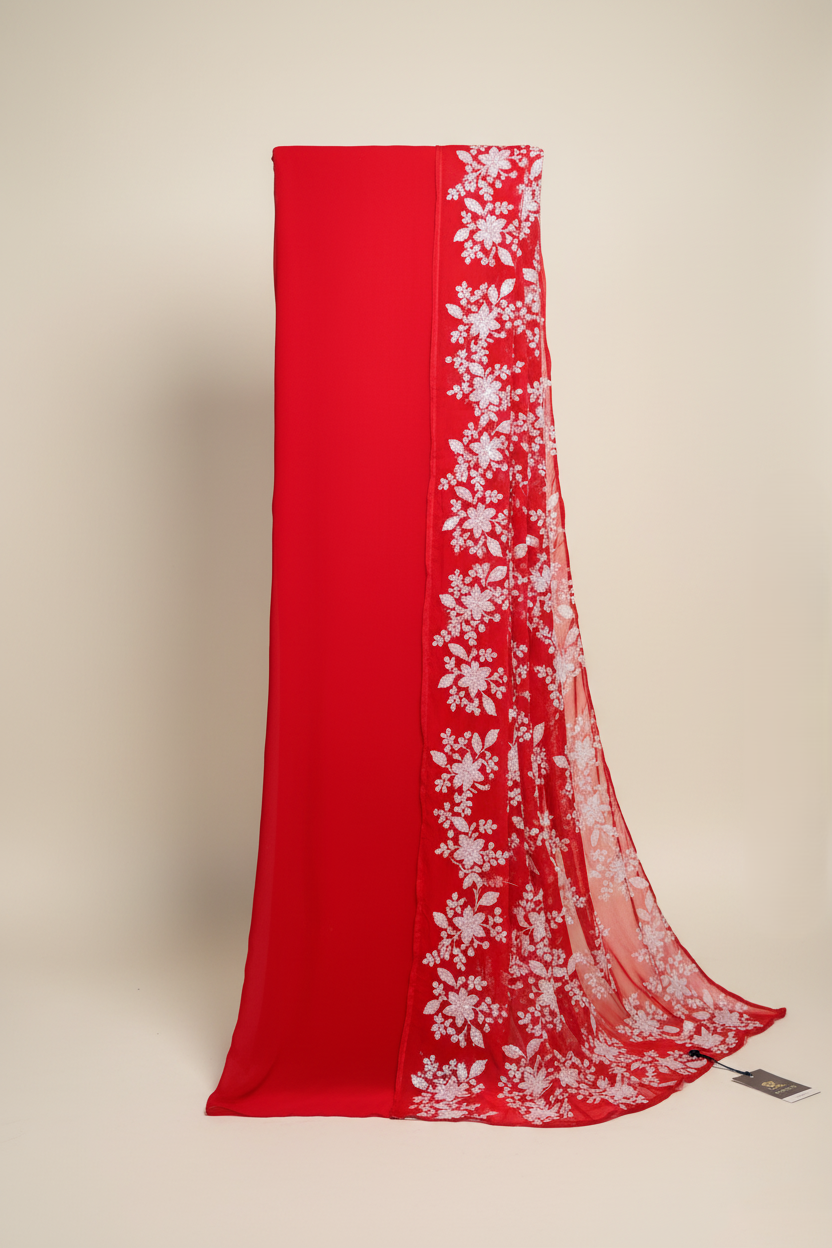 Lal Paar – Dashami Red Saree with White Floral Sequence| Iffati Puja Collection 2025