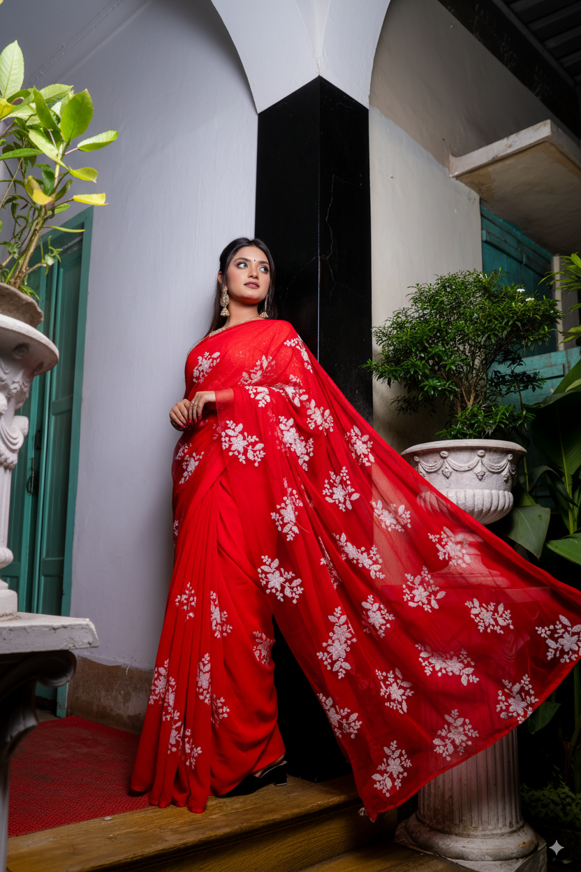 Lal Paar – Dashami Red Saree with White Floral Sequence| Iffati Puja Collection 2025